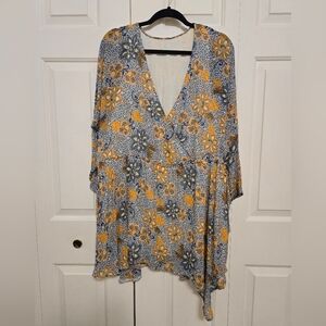 Free People Teegan Mini Dress With Long Sleeves In Sky Combo Print Size Small